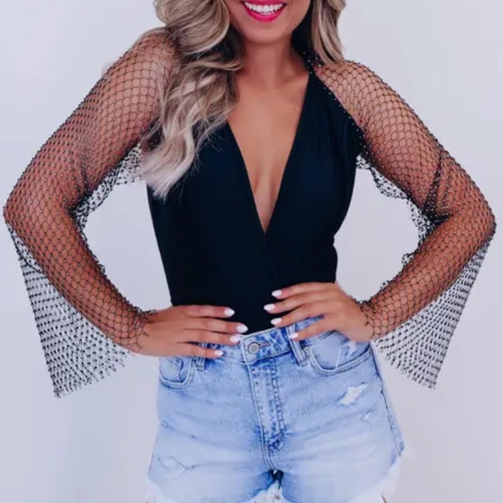 black rhinestone long sleeve body suit